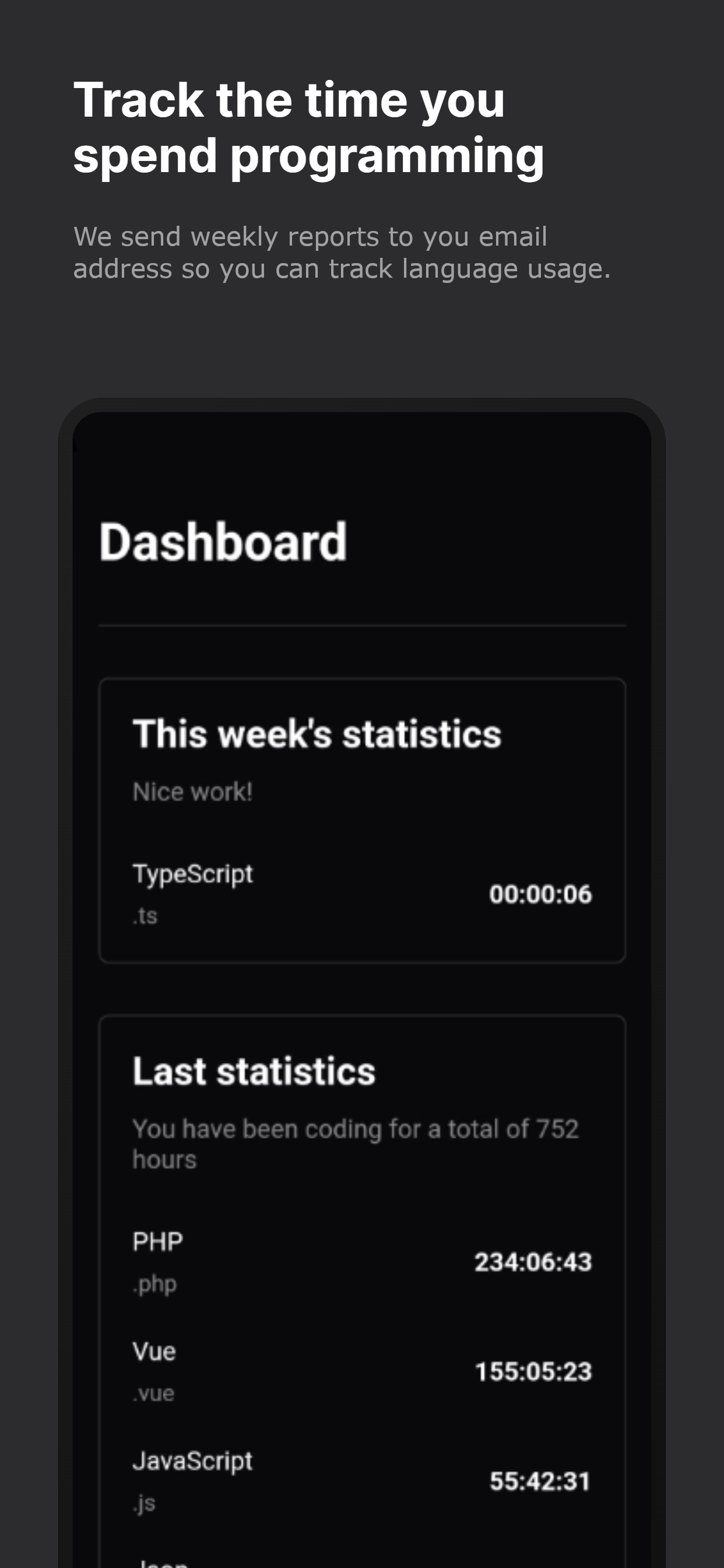 Langkeeper dashboard showing time spent in different programming languages